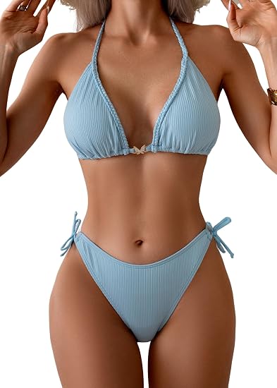 Womens Ribbed Bikini Set Sexy Halter Triangle Top Swimsuit | Tie Side, High Cut, Moderate Coverage, Soft Removable Cups, Bathing Suit for Beach Vacation, Pool Side