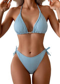 Womens Ribbed Bikini Set Sexy Halter Triangle Top Swimsuit | Tie Side, High Cut, Moderate Coverage, Soft Removable Cups, Bathing Suit for Beach Vacation, Pool Side