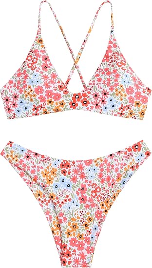 Women's Tie Back Padded High Cut Bralette Bikini Set 2 Piece Swimsuit | Crisscross Back Self Tie, Adjustable Straps, Bathing suit for women, Classic Coverage, Removable Soft Cups, Beach Vacation