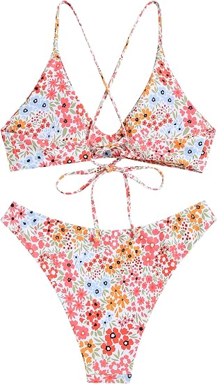 Women's Tie Back Padded High Cut Bralette Bikini Set 2 Piece Swimsuit | Crisscross Back Self Tie, Adjustable Straps, Bathing suit for women, Classic Coverage, Removable Soft Cups, Beach Vacation