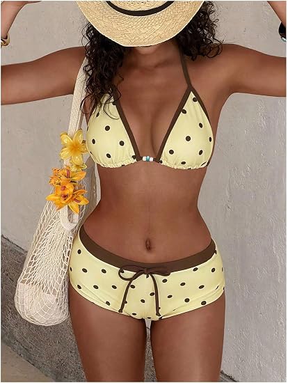 Women's Polka Dots 2 Piece Boyshorts Bikini Set Halter Y2K Swimsuit | Graphic Print,Triangle,Boyshort,Cute Bikinis,Boy Short,Bowknot,Colorblock,Bathing Suit