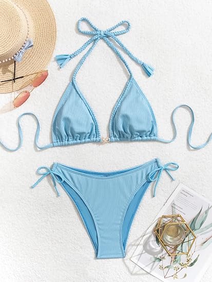 Womens Ribbed Bikini Set Sexy Halter Triangle Top Swimsuit | Tie Side, High Cut, Moderate Coverage, Soft Removable Cups, Bathing Suit for Beach Vacation, Pool Side