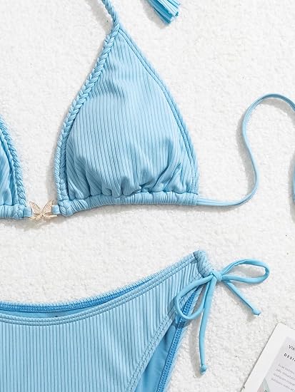 Womens Ribbed Bikini Set Sexy Halter Triangle Top Swimsuit | Tie Side, High Cut, Moderate Coverage, Soft Removable Cups, Bathing Suit for Beach Vacation, Pool Side